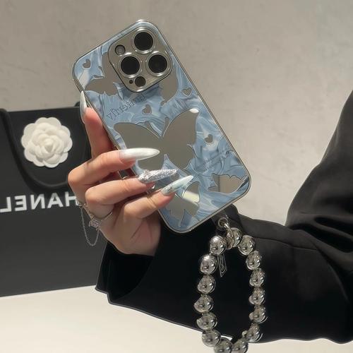 Ins silhouette butterfly suitable for Apple iPhone 16 Pro electroplated mirror surface phone case for women with chain protective cover