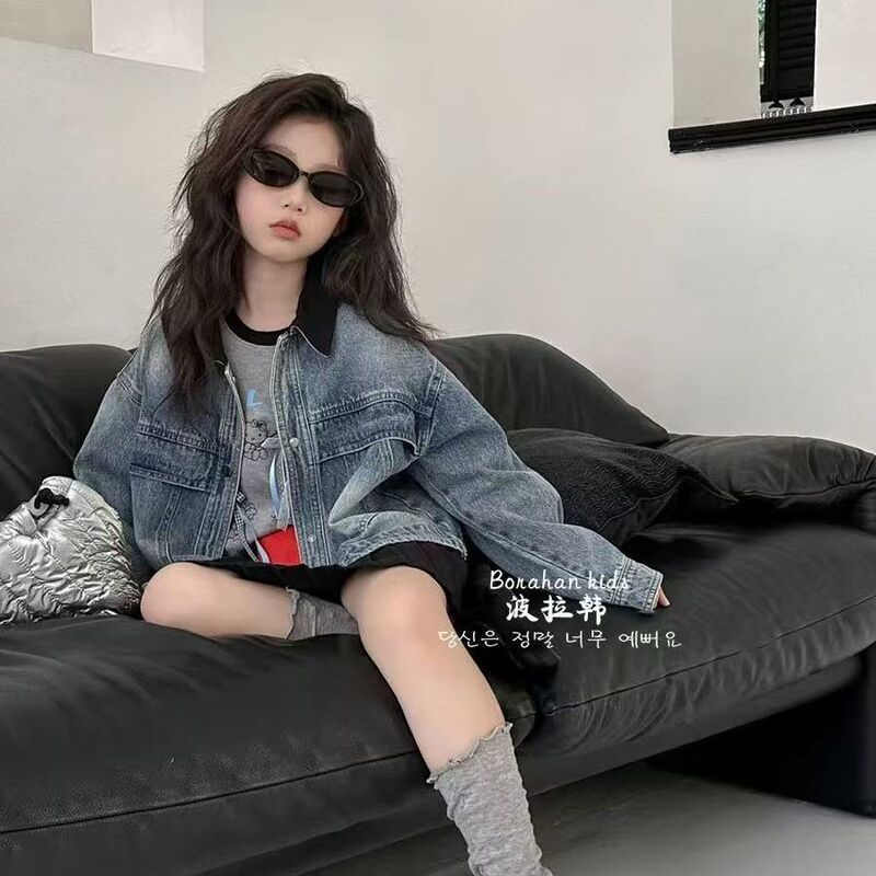 Girls' Denim Jacket Autumn Long-Sleeve Korean Style Children's Clothing Trendy Jacket for Girls and Boys