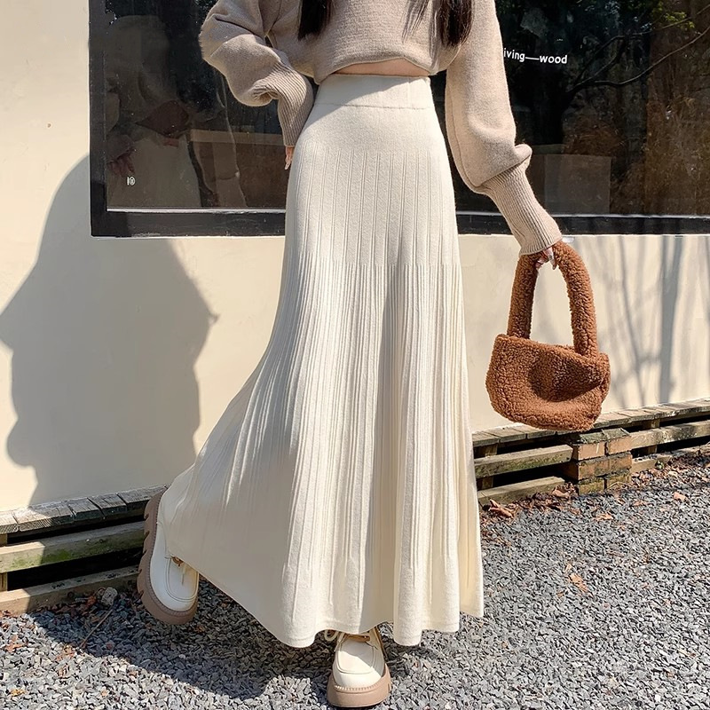 秋冬の女性向けデザインニットプリーツスカート、ヒップカバー、着痩せ、ドレープウールアンブレラスカート、Aラインロングスカート|undefined