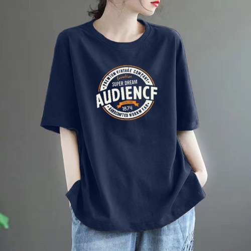 2025 Summer 100% Cotton Women's Loose Plus Size Slimming Fashion Medium Length Crew Neck T-shirt