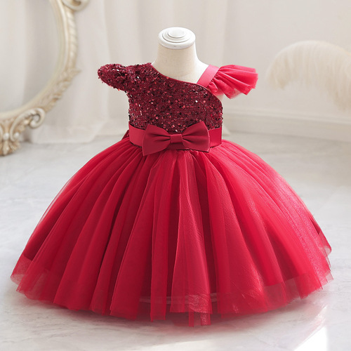 Girls dress mesh sequined tutu skirt raglan small flying sleeves bow evening dress evening dress flower girl dress