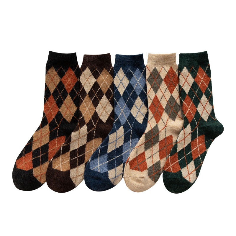 Woolen women in autumn and winter, diamond grid thickened warm middle tube pile for women's socks_voghion.com