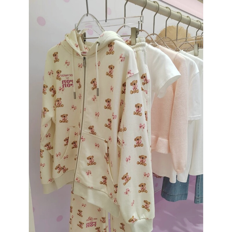 25Ss Nanyou Haute Couture/Buyer Store Niche American Lazy Style Ins Full Print Bear Loose Sweatshirt and Sweatpants