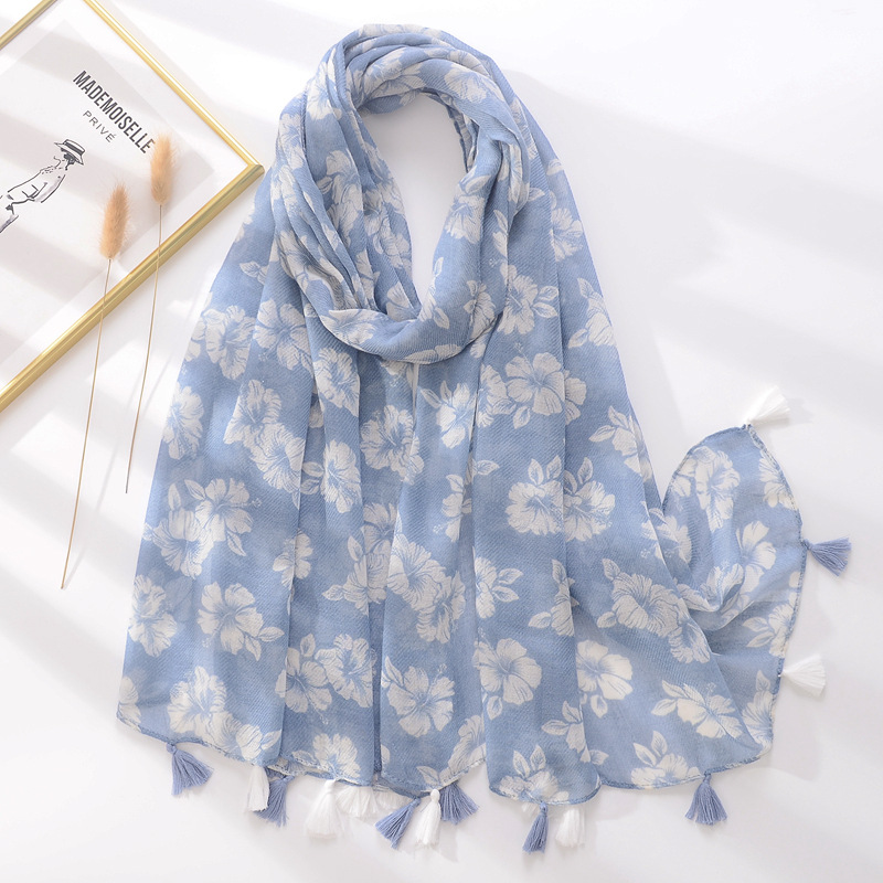 2021 nuevo color puro caqui azul impreso borla Toalla de playa flor artística algodón y lino siente bufanda de seda bufanda de mujer