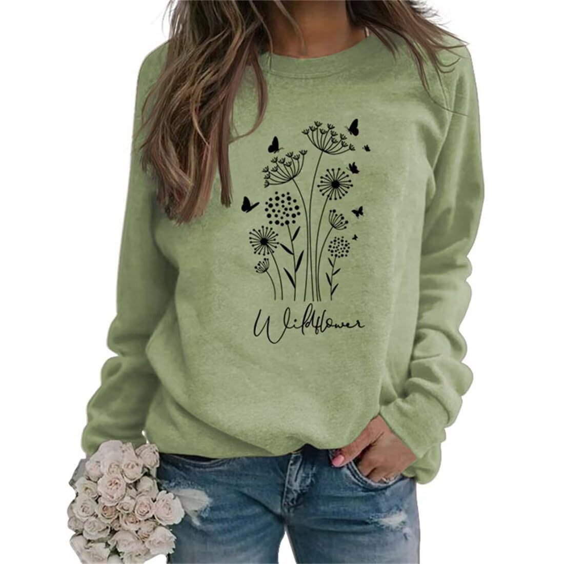 Wififlower Butterfly Floral Print Round Neck Women's Top Sweatshirt Autumn and Winter Amazon Supply Casual