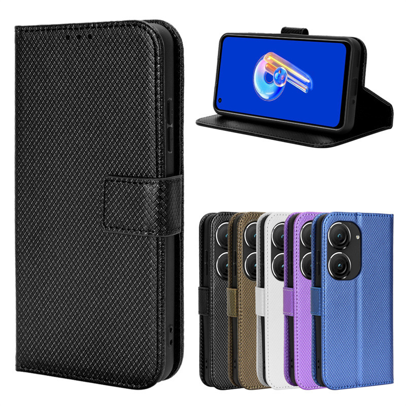 For ASUS Zenfone 10 Mobile Phone Case Card Lanyard Protective Case ASUS 9 Leather Case Flip Cover Diamond Pattern Case