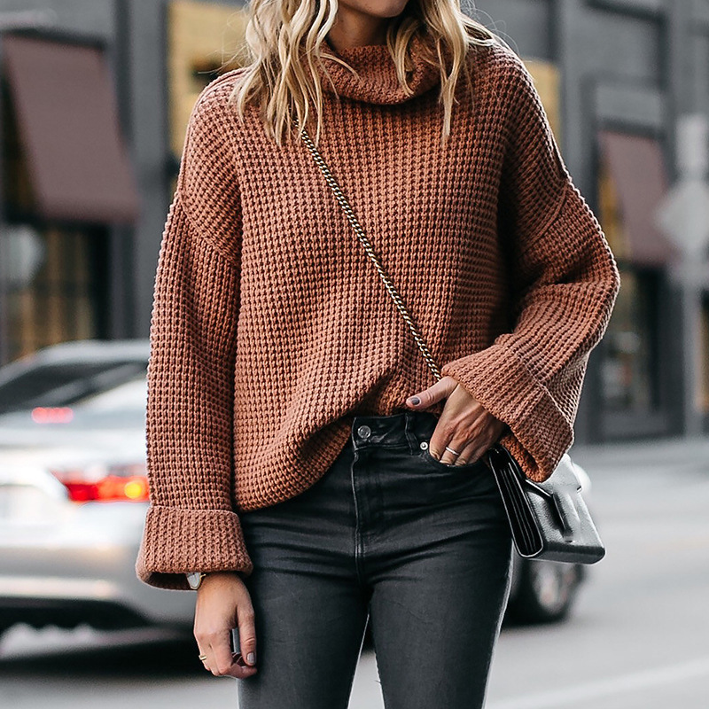 Damen Hochkragen Strickpullover Für Herbst Und Winter Einfarbig_voghion.com