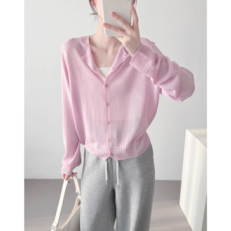 Pink Tencel Seamless One-Piece Round-Neck Knitted Cardigan for Women, Summer Thin Breathable Sun-Protective Outerwear Air-Conditioning Shirt Top Pink Tencel Seamless One-Piece Round-Neck Knitted Cardigan for Women, Summer Thin Breathable Sun-Protective Outerwear Air-Conditioning Shirt Top