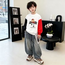 2025秋季新款圆领卫衣童装潮牌设计感长袖打底衫拼色长T现货批发