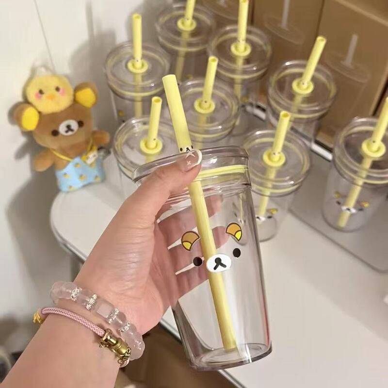 ins リラックマ ストローカップ 大容量 日本のかわいい漫画 透明プラスチックカップ 蓋付き カップ イエロー シンプル|undefined