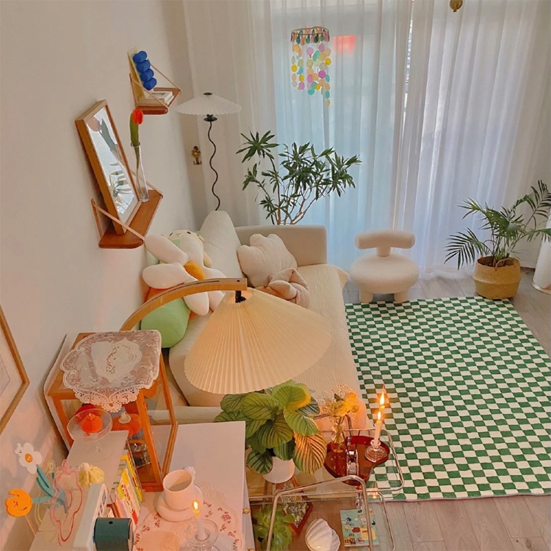 Cross-border exclusive supply of retro checkerboard carpet for living room and bedroom modern simple green and white plaid imitation cashmere coffee table blanket