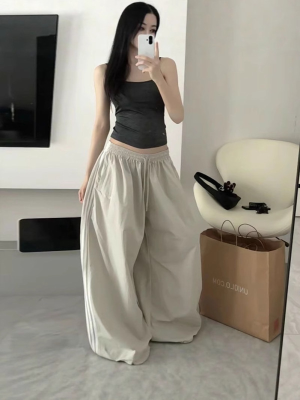 美式低腰阔腿裤条纹休闲运动裤女夏季速干宽松降落伞兵裤跳舞长裤|undefined