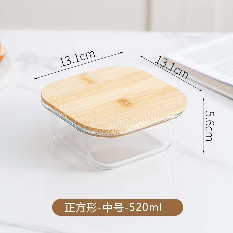Fiambrera de vidrio redonda, horno de microondas, horno de calefacción especial, caja de mantequilla de frutas frescas con separación de arroz
Cubierta de bambú y madera