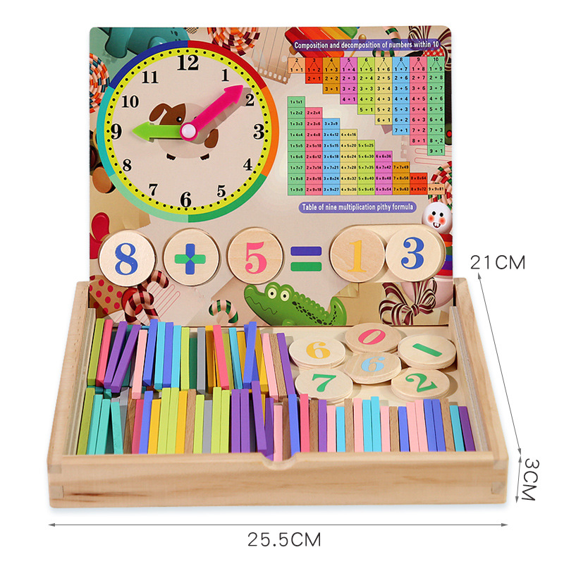 Caja de aritmética multifuncional de madera para niños diversión educativa apilada reloj alto aritmética matemática material didáctico cognitivo digital