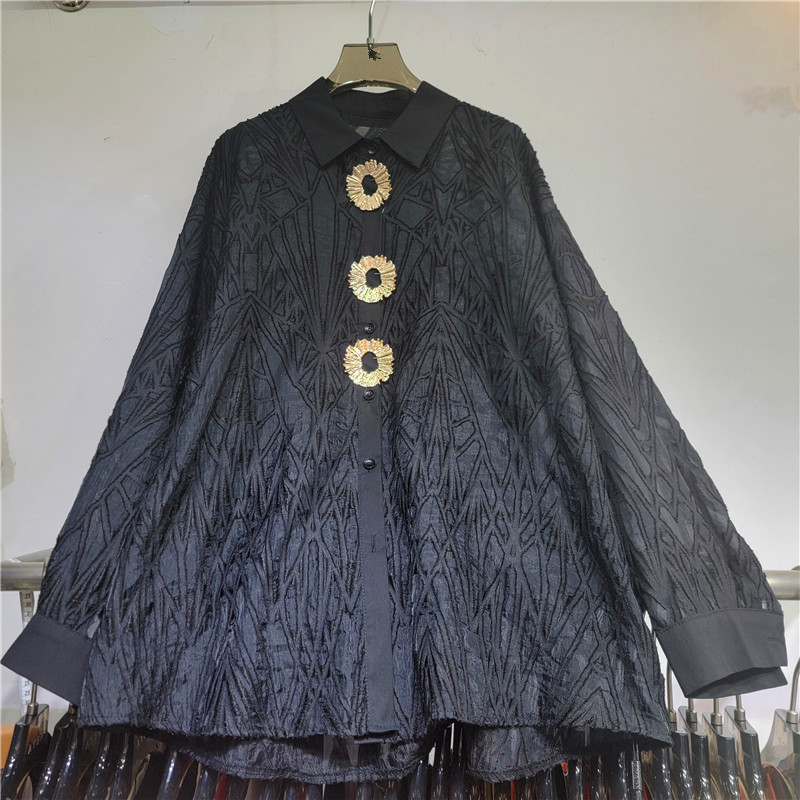 Blusa Cárdigan con Jacquard de Poliéster Suelta de Manga Larga para Verano