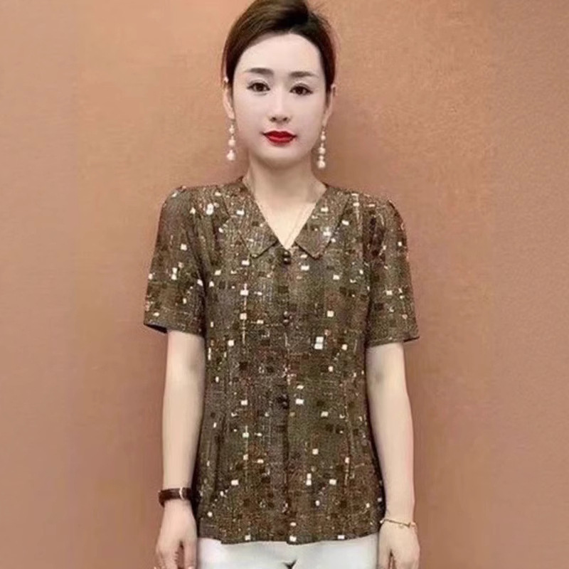 ドロップシッピング夏の新しいスタイル中年母親の服カジュアルラペルルーズスリムTシャツ多用途女性トップ|undefined