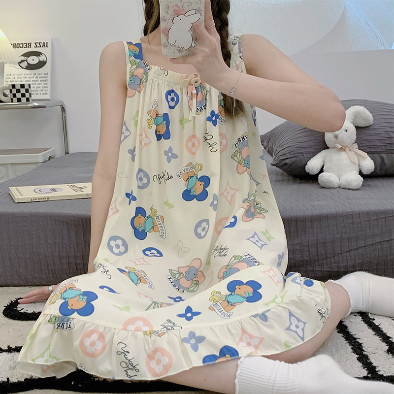 Camisón de seda de algodón de verano para mujer Pijamas dulces lindos puro deseo ins estilo delgado sexy vestido de Honda de seda de algodón artificial