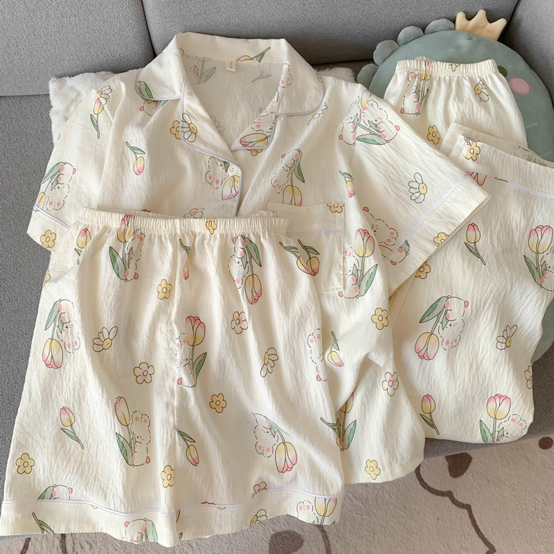 Japonés helloKitty nube de algodón puro pijamas de pareja verano de manga corta para mujer servicio a domicilio de tres piezas para hombre