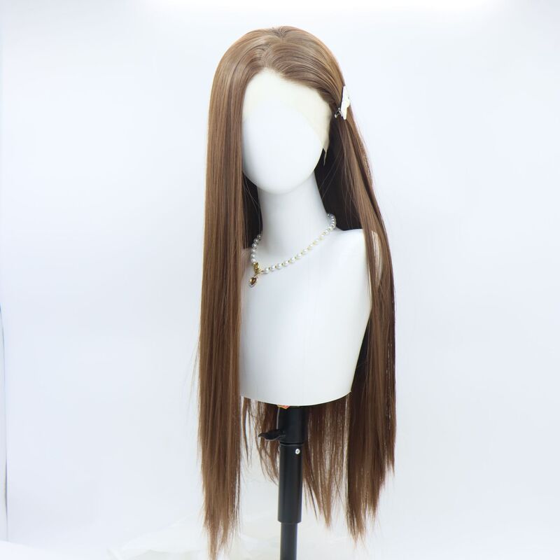 Maillard style 8# cold brown long straight hair front lace whole top wig headgear high temperature silk hand woven natural hairline