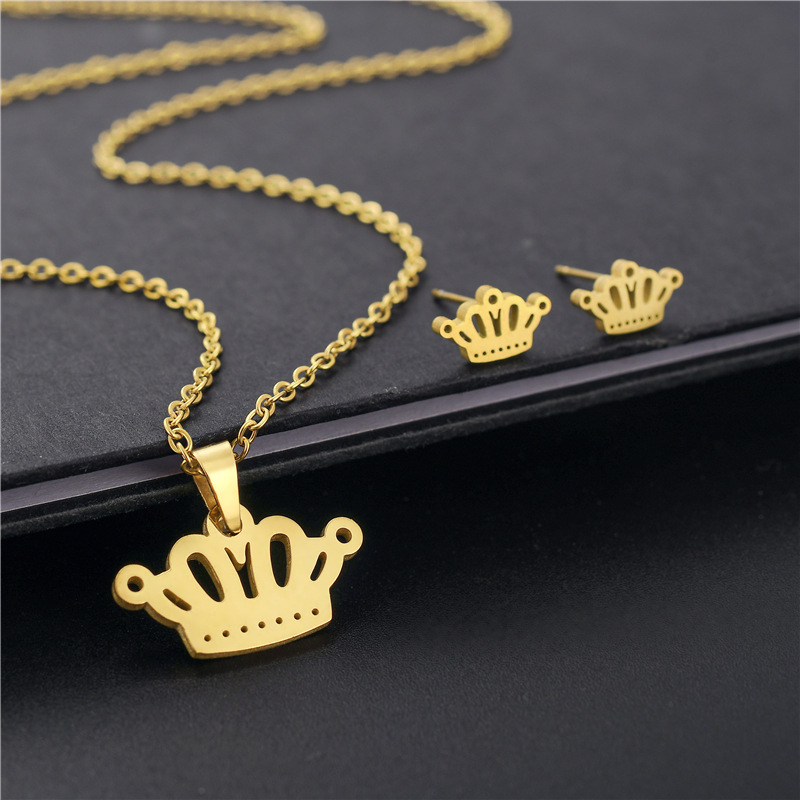 fashion simple crown pendant stainless steel necklace earrings set