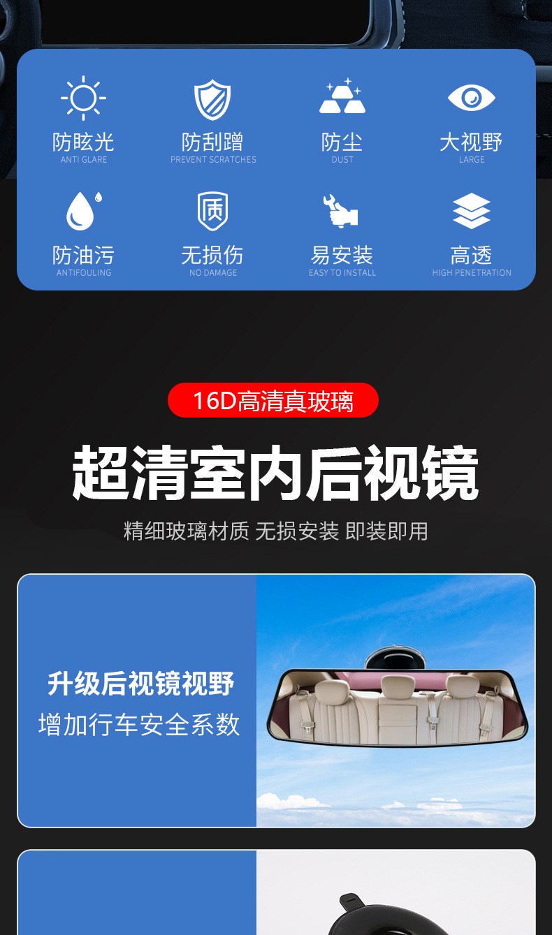 Car Interior Wide-View Rearview Mirror Anti-Glare Reflector Indoor Reversing Mirror Wide-Angle High-Definition Curved Plane Mirror