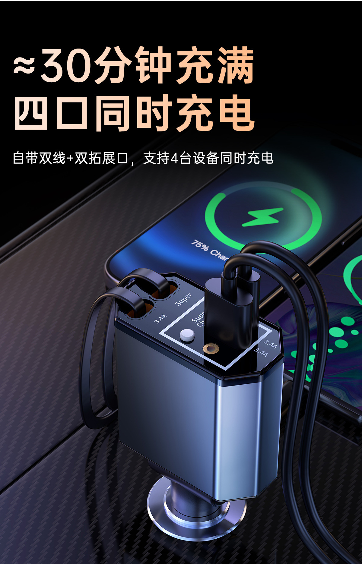 Car Charger with Retractable Cable, Customized Car Charger for Mobile Phones, Super Fast Charging, Oem Processing by Manufacturer