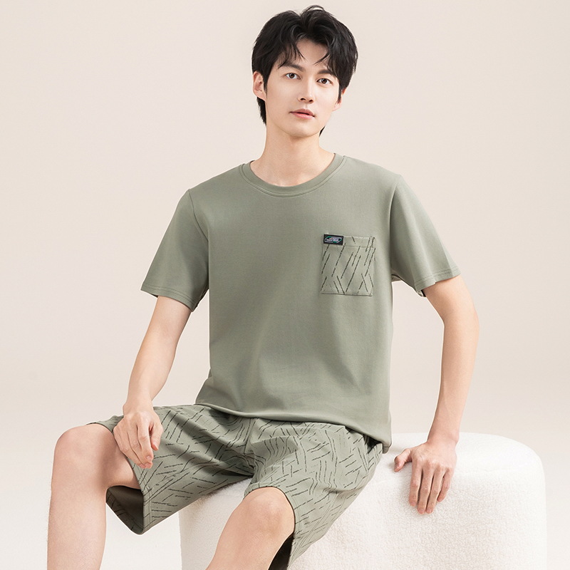 Pijamas de algodón para hombres verano 2025 nuevo cuello redondo de manga corta delgado verano se puede usar con ropa casera