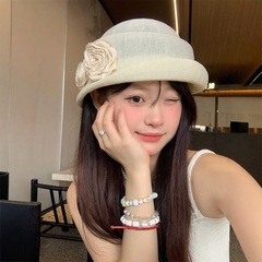 赫本风山茶花卷边亚麻贝雷帽女夏季薄款显脸小帽子法式千金风礼帽