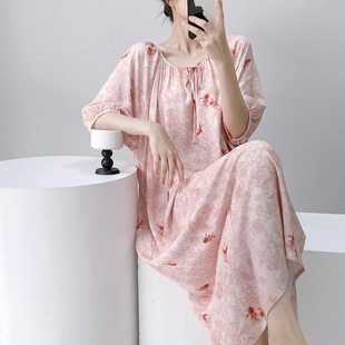 Short-sleeved Cotton Silk Nightgown Women's Spring and Summer Printed Pajamas Loose-fit plus size Long Outer-wear High-end Style Home Clothes