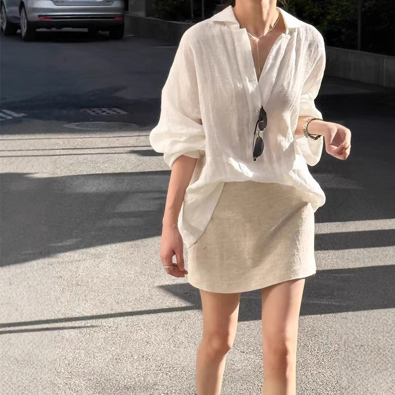 Self-retention explosions recommend ~ casual lazy French high-end white linen shirt women's summer sunscreen top
