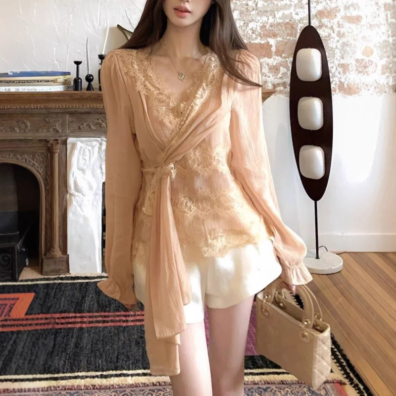 Junstudi【Soft Peach】Tencel Lace Ribbon Top V-Neck Chiffon Shirt Long Sleeve Tie Shirt for Women