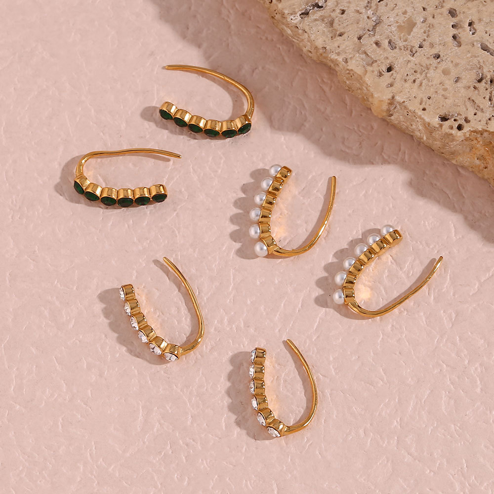 Zircon Pearl Inlaid Fishhook Stainless Steel Earrings