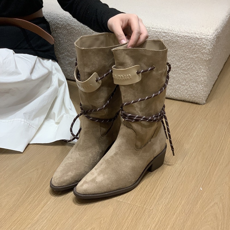复古粗跟棕色绒面中筒堆堆靴女2025年新款瘦瘦靴春秋单靴西部短靴|undefined