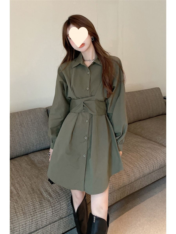 韩版新款穿搭法式设计感长绑带袖收腰衬衫连衣子+短裤两件套装秋|undefined
