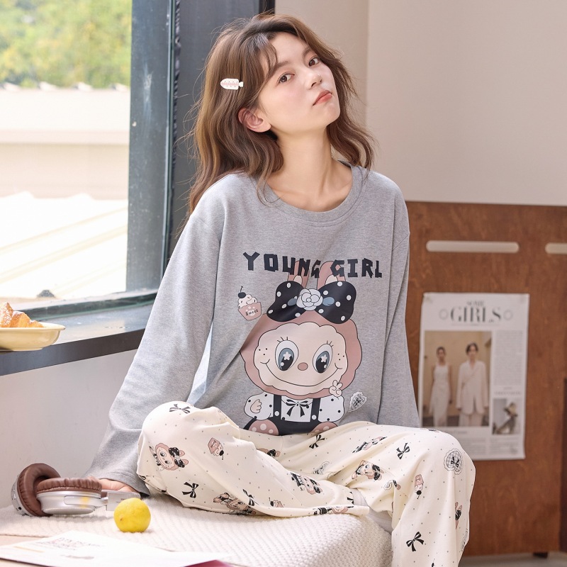 韩版休闲睡衣女士2025秋冬带胸垫长袖长裤套装全棉卡通可爱家居服|undefined