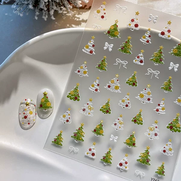 Embossed Christmas Series Nail Art Stickers Cartoon Christmas Tree Five-Pointed Star Bow Adhesive Nail Stickers Decoration Wholesale