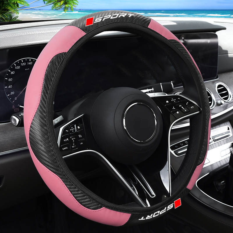 New Car Steering Wheel Cover with High-End Leather Carbon Fiber Pattern and Sporty Lettering, Suitable for All Seasons
