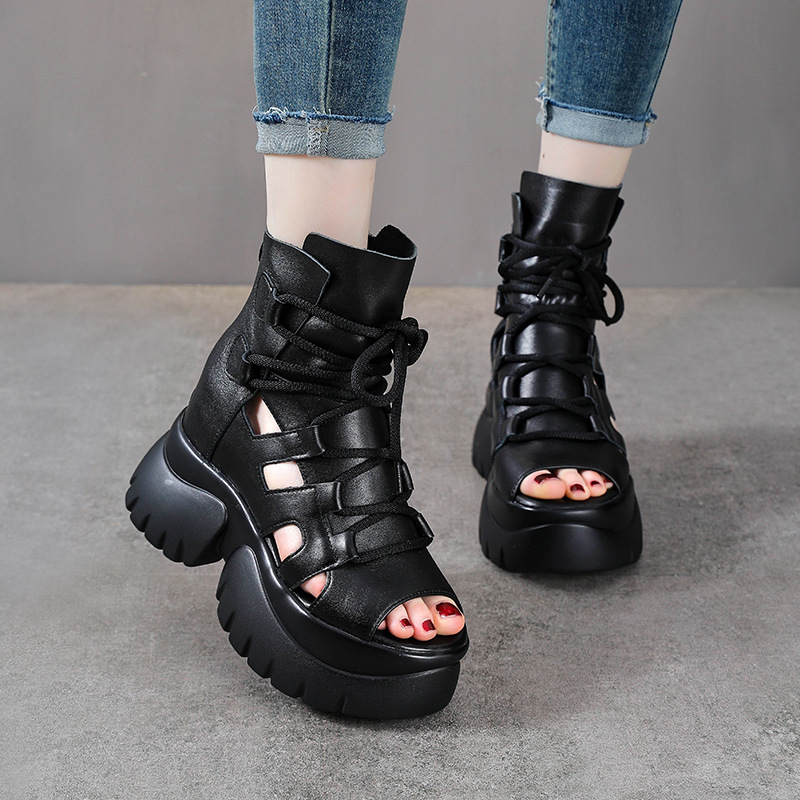 Sandal cao gót nữ hở mũi da bò thật quai buộc dây kéo sau — màu đen