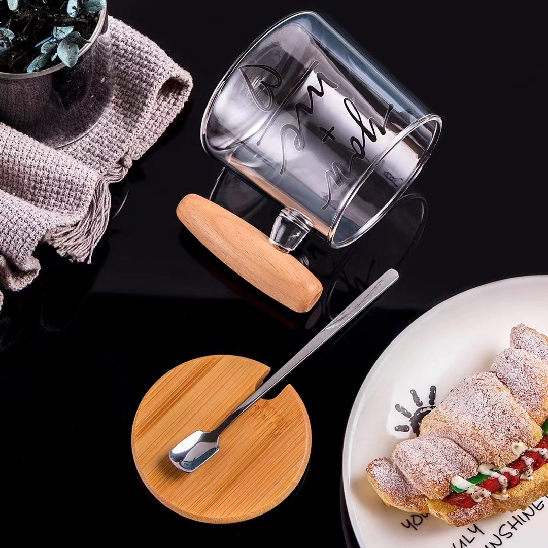 Estilo nórdico personalidad creativa mango de madera taza de vidrio con tapa cuchara Oficina taza de beber regalo inglés taza de café