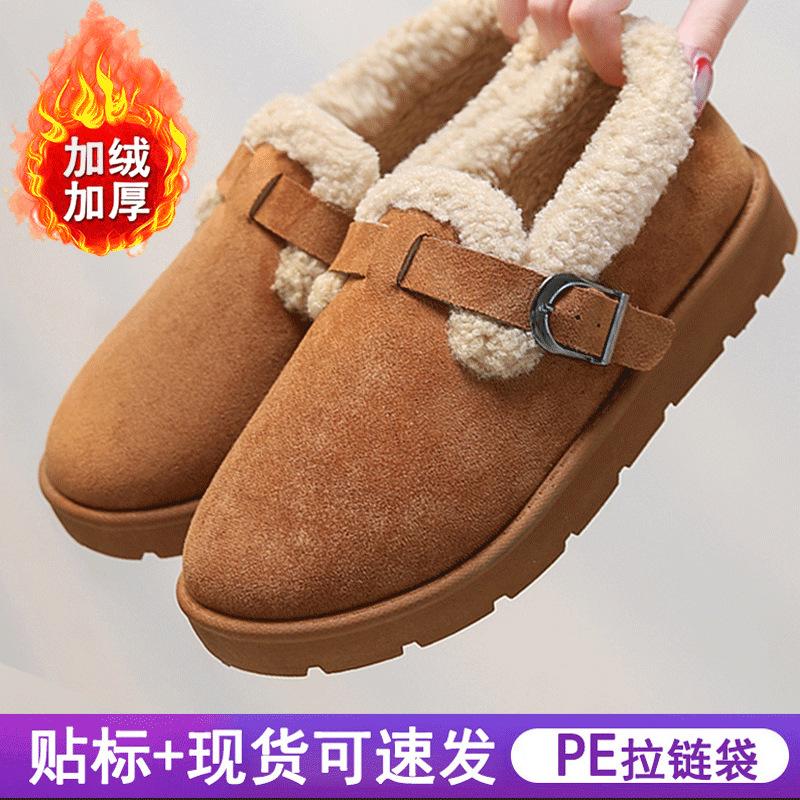 跨境加绒厚底毛毛棉鞋TEMU代贴一脚蹬加厚复古勃肯棉靴保暖雪地靴