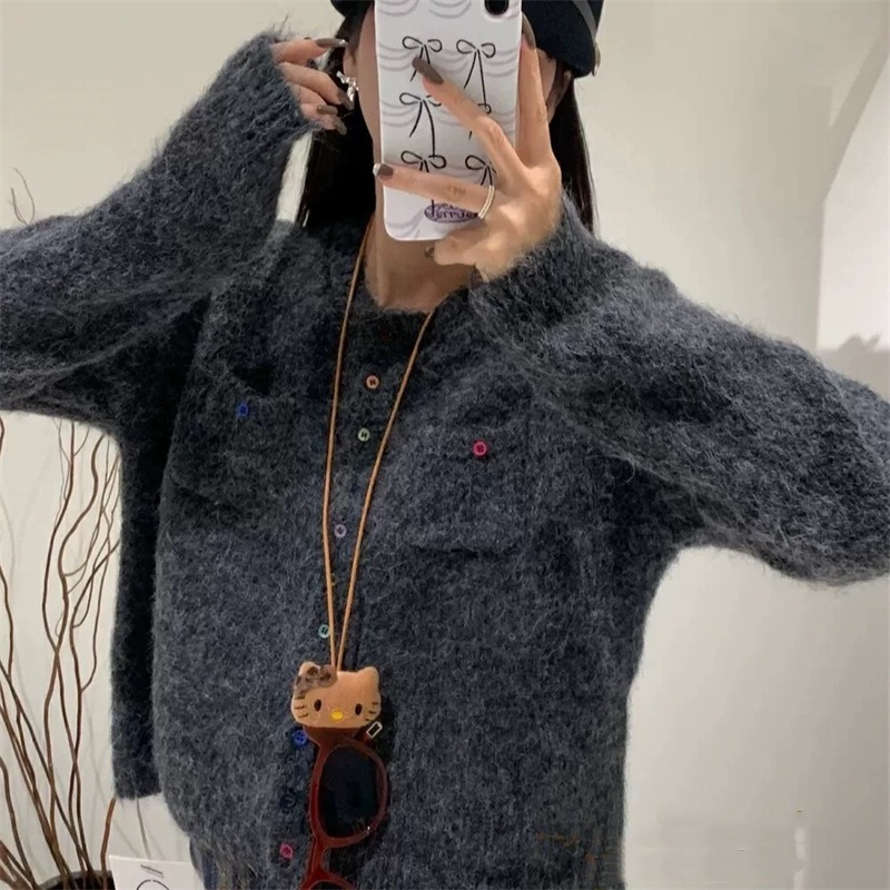 2025秋冬季新款韩版设计感彩色扣软糯针织开衫女宽松显瘦减龄毛衣|undefined