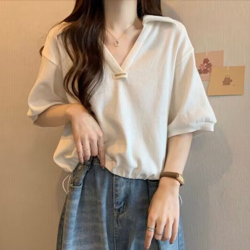 Cross-border POLO Collar Drawstring Cotton Short-sleeved T-shirt Women's Summer Ins Trendy Loose Slimming Short V-neck Half-sleeve