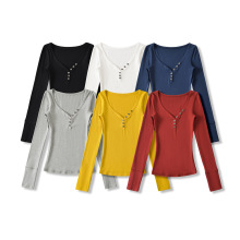 YPFF潮流女装V领纽扣长袖T恤秋冬季新款纯欲风修身显瘦打底衫上衣