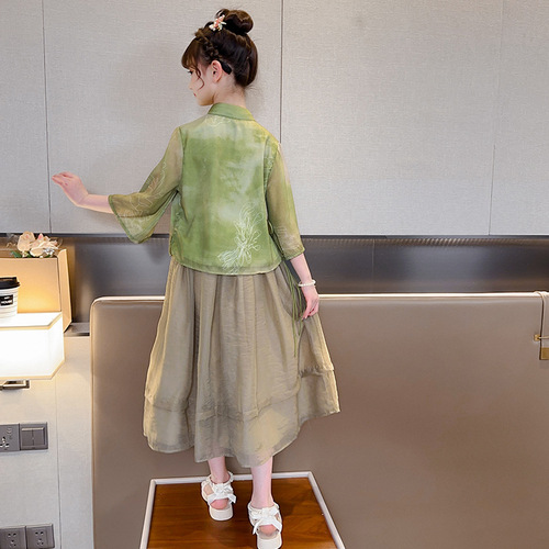 Ladies' Summer Children's Traditional Chinese Dress with a Touch of Modern Elegance - 2024 New Arrival for Older Children - Two-Piece Ancient Style Summer Outfit