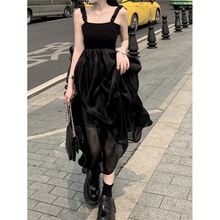 明星同款黑色吊带连衣裙2023夏季新款网纱拼接显瘦蓬蓬裙中长裙