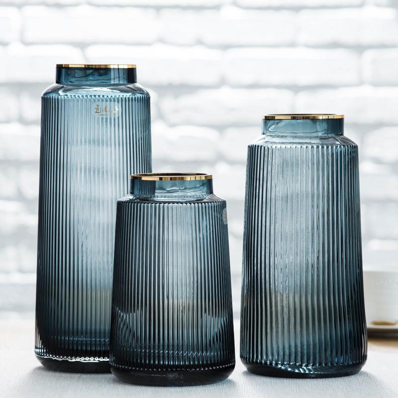 Light Luxury Vintage Vertical Striped Glass Vase Gold Flower Arranging Flower Device Living Room Countertop Decorative Vase Flower Device