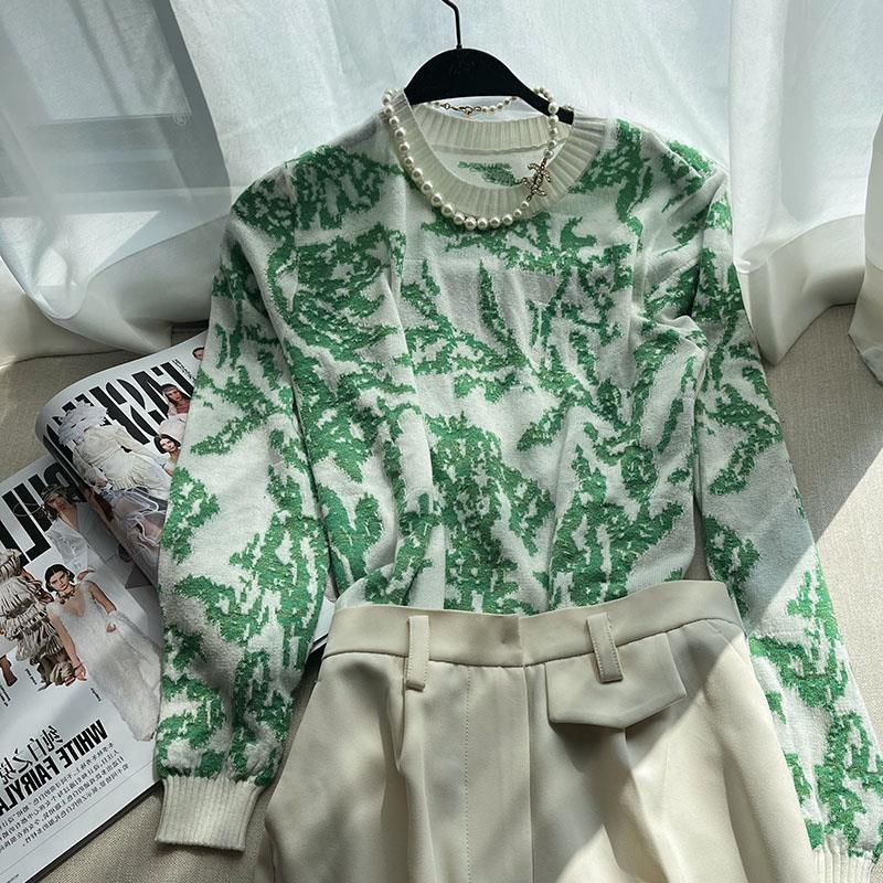 2023春季设计感气质时尚织花圆领毛衫女士套头宽松长袖上衣