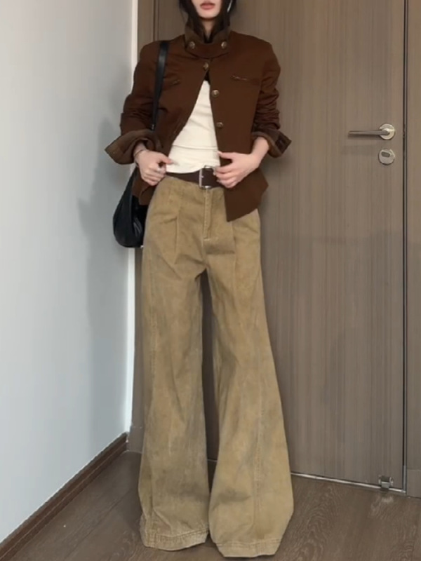 美式复古卡其色解构阔腿牛仔裤女秋季新款高腰宽松显瘦直筒拖地裤|undefined
