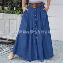 2024欧美新品夏新款休闲A字裙夏季棉麻中长款松紧腰大摆裙半身裙