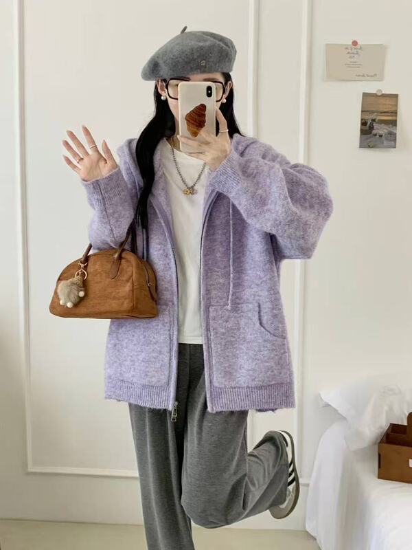 奢缇家双拉链2025冬款新款外贸毛衣慵懒针织开衫连帽上衣女装宽松|undefined